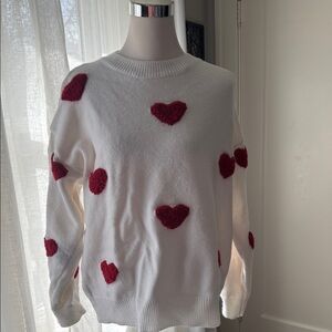 SHEIN White Sweater with Red Heart Accents